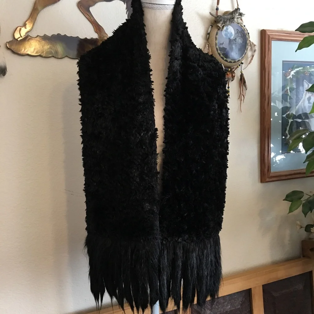 Adrienne Landau black faux fur scarf wrap fringe